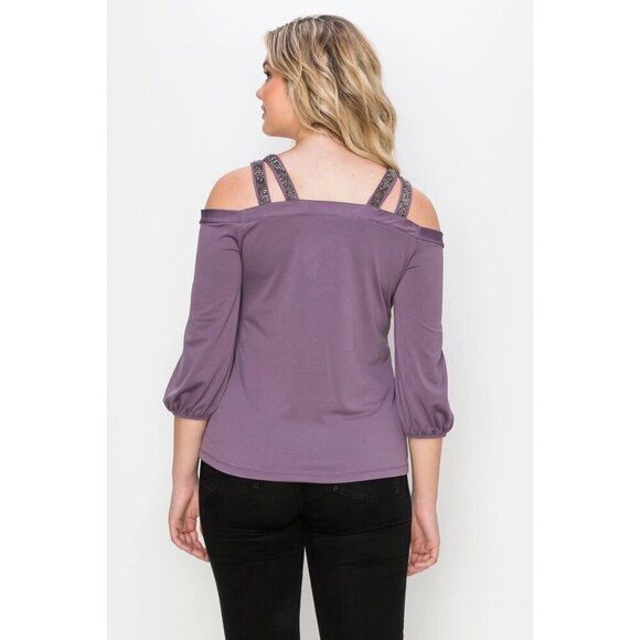 Embellishment Double Straps Keyhole Cold Shoulder Blouse - Picture 9 of 9